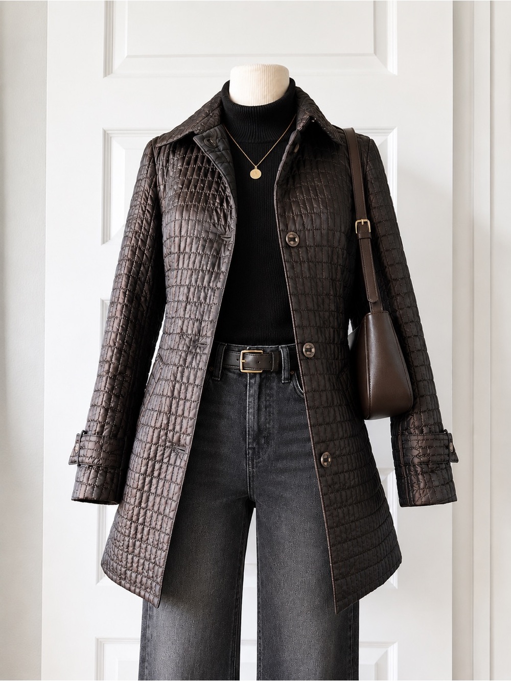 Vintage 80s/90s Carole Little Women’s M Brown Bronze Quilted Long Jacket Coat
